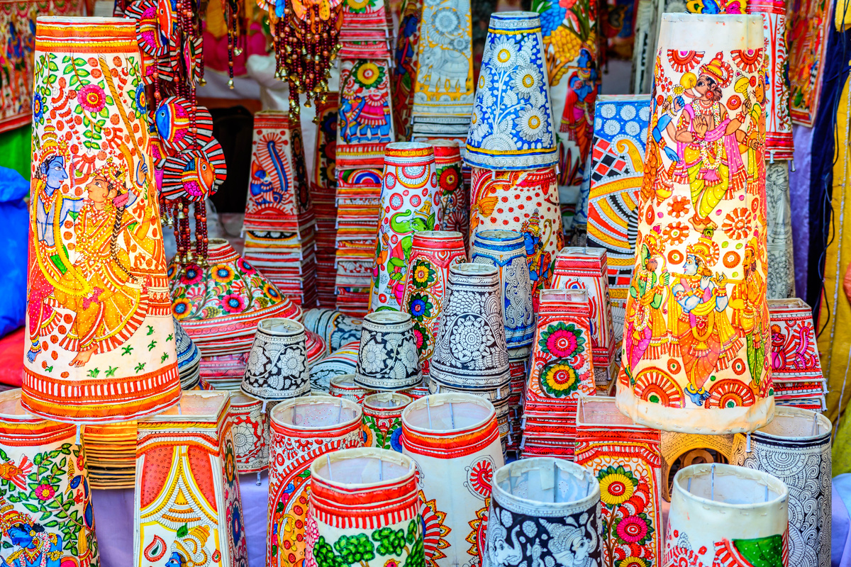New Delhi, India - September 11, 2016: Traditonal colorful Buddha souvenir shop at Dilli Haat, New Delhi